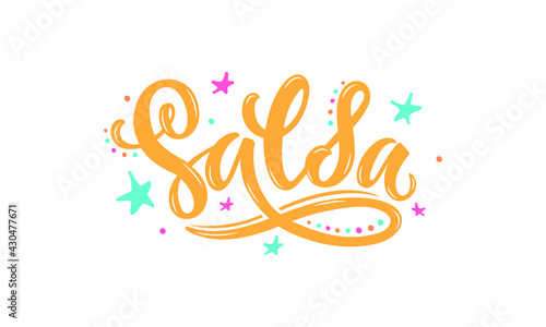 Salsa handwritten text isolated on white background. Modern brush calligraphy, hand lettering for card, apparel, flyer, poster design. Dance studio or classes logotype. Vector colorful illustration