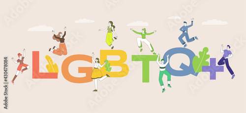LGBTQ word vector flat banner template. Happy smiling male and female characters jumping and joying. Lesbian, gay, bisexual, transgender and queer people pride parade poster design. © Pavlo Plakhotia