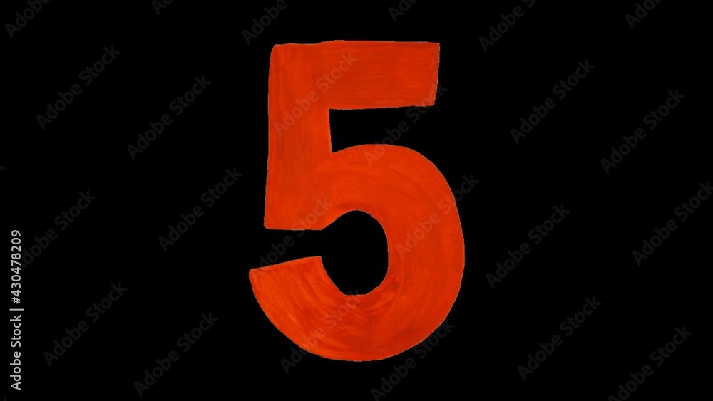 Seconds counter from 1 to 5. Red figures painted by hand are insulated on a black background Seconds counter from 1 to 5. Red figures painted by hand are insulated on a black background