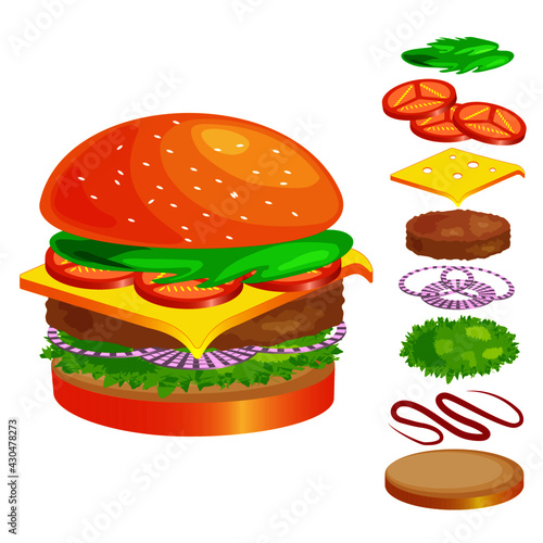 Classic burger disassembled into ingredients