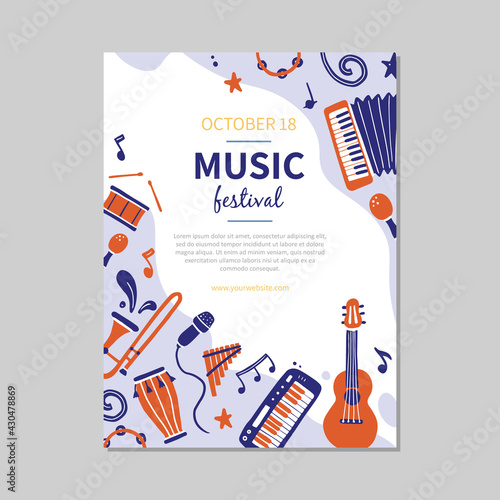 Hand drawn music festival banners template with musical instrument. Doodle sketch style. Vector illustration forsic festival flyer, brochure background