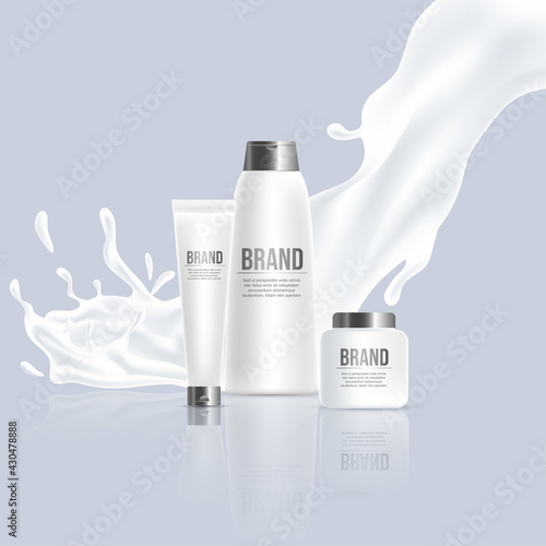 Cosmetic beauty products vector realistic poster design. Cream, shampoo bottles with splash of white cream or liquid on background. Beauty skincare or body lotion on white bottles.