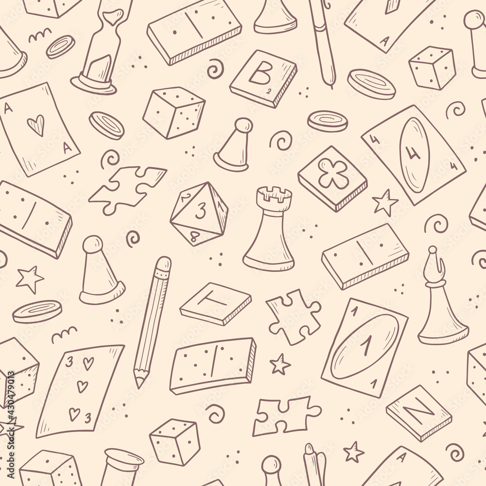 Hand drawn seamless pattern of board game element, cards, chess, hourglass, chips, dice, dominoes. Doodle sketch style. Isolated vector illustration for for board game shop, store. Hand drawn seamless pattern of board game element, cards, chess, hourglass, chips, dice, dominoes. Doodle sketch style. Isolated vector illustration for for board game shop, store.