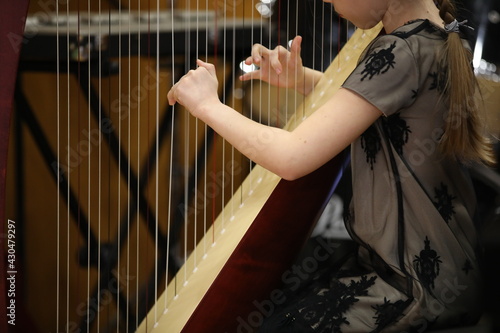 Canvas-taulu Close-up of a little girl in a beautiful dress with long hair engaged on a harp thin children's hands on a musical instrument fingers on a string