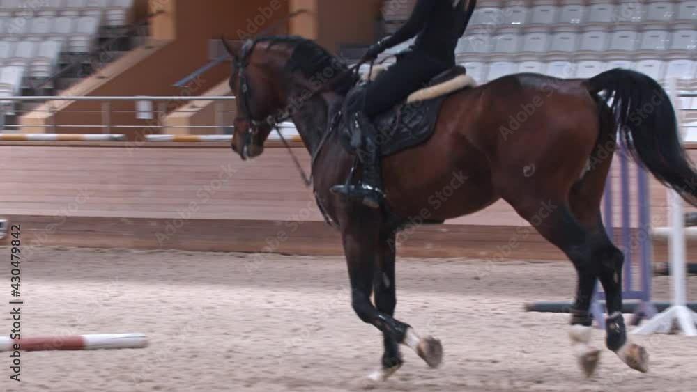 Equestrian sports - a woman in black clothes and a helmet rides a horse and jumping over the barrier Equestrian sports - a woman in black clothes and a helmet rides a horse and jumping over the barrier