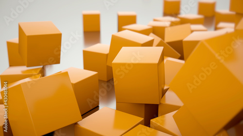 Abstract 3d rendering of chaotic cubes. A poster with random cubes in an empty space. Business concept. Futuristic background. Many flying cubes on a white background. 3d render illustration.	