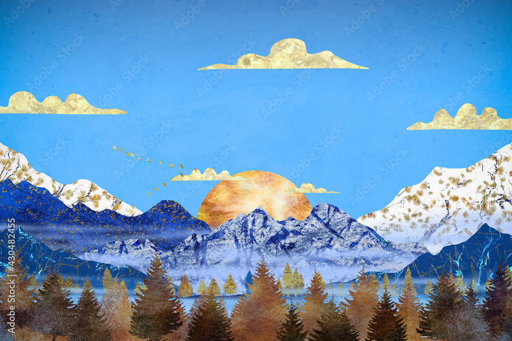 Winter landscape with snowy mountains, forest and sun
