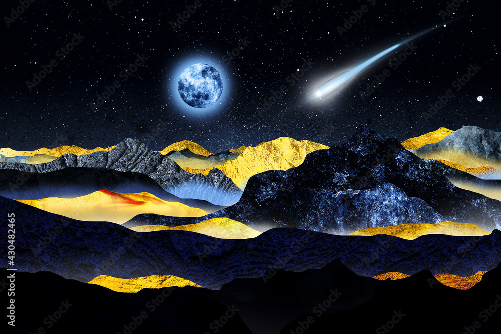 Golden mountains, moon and comet at night