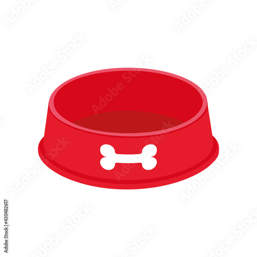 Empty dog food bowl with bone icon. Red pet plastic plate for kibble or water isolated on white background. Vector cartoon illustration.