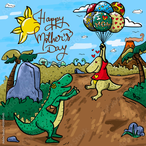 Happy Mother's Day. Little dino arrives flying with balloons for his mom dino © Harlin Design