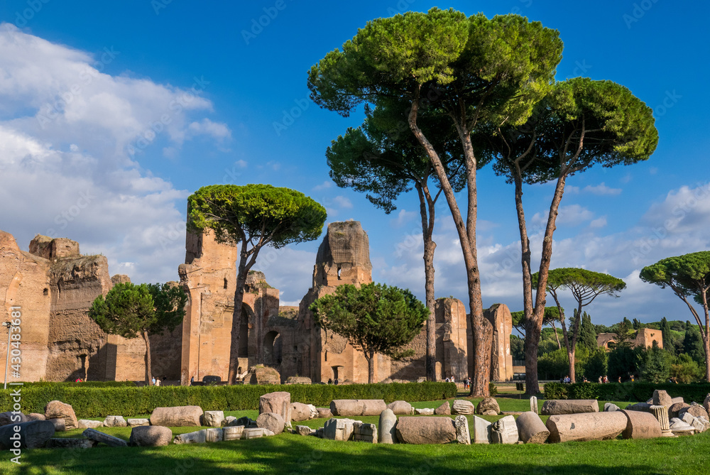 Terme di Caracalla or the Bath of Caracalla springs ruins, view from ground panoramic in Rome - Italy