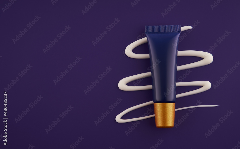 Cosmetic night cream tube with white smear swatch. Premium ads. Night cream in a blue bottle on a purple background, top view. Cosmetic night cream tube with white smear swatch. Premium ads. Night cream in a blue bottle on a purple background, top view.