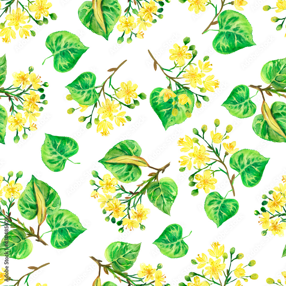Watercolor seamless pattern with linden twigs and flowers, floral pattern Watercolor seamless pattern with linden twigs and flowers, floral pattern