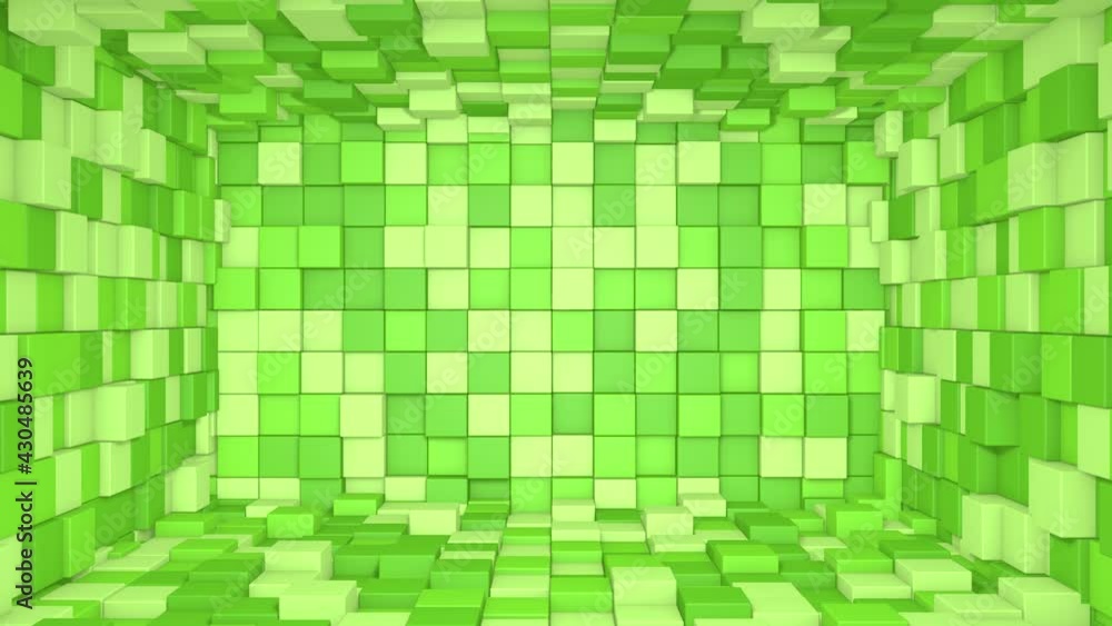 Abstract room interior with green cubes. Box cube random geometric background. Square pixel mosaic background. Land blocks. Mock-up for your  project. Minecraft style. 3d animation loop of 4K