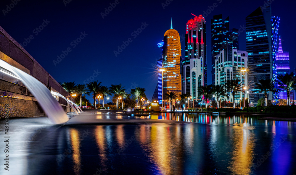 Fototapeta premium 12 February 2021- Colorful Skyline of Capital of Qatar.