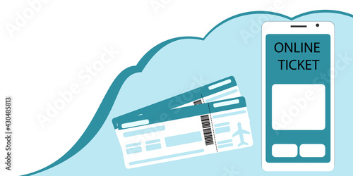 Concept for online purchase of air tickets. Mobile phone with online shopping application