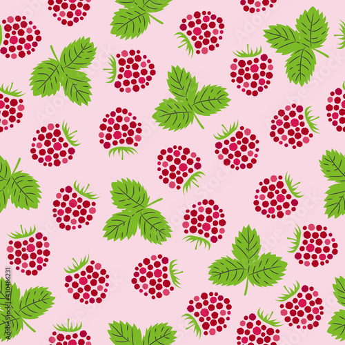 Seamless raspberry pattern. Vector illustration with berries and leaves.