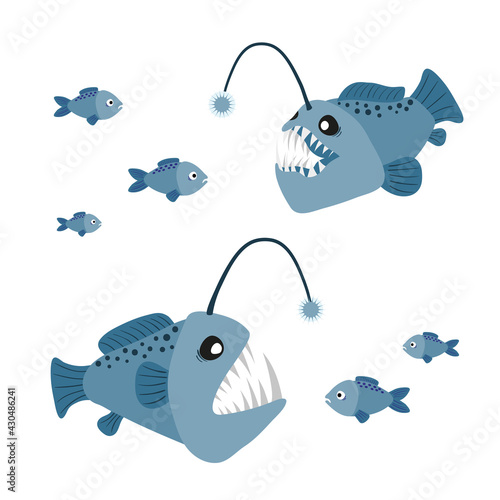 Cartoon angler fish set. Vector illustration of anglerfish characters.