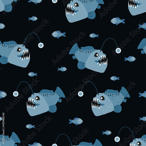 Seamless cartoon angler fish pattern. Vector marine background with anglers. photo