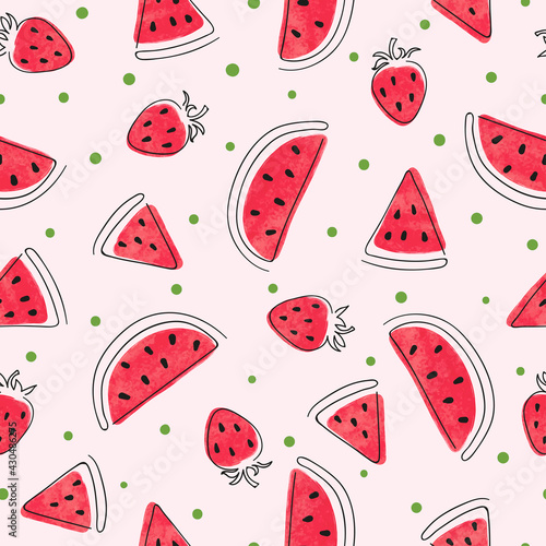 Seamless watercolor watermelon and strawberry pattern. Summer berry print