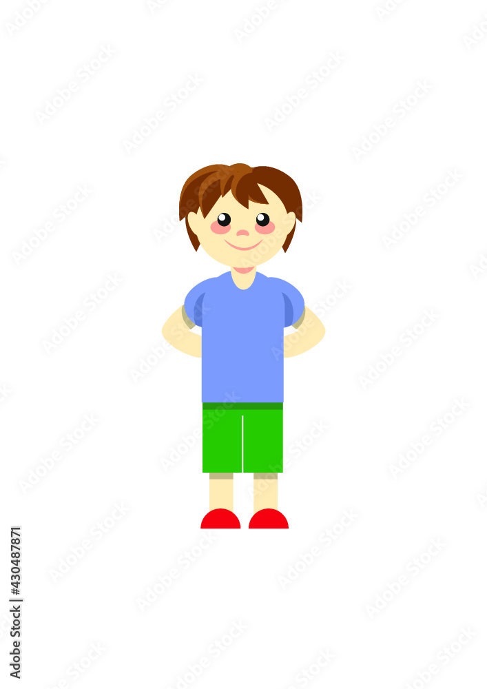 brown hair little boy illustration blueshirt green pants