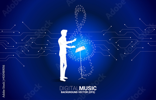 vector conductor and sol music key note from dot connect line circuit board style. Concept background for song and digital music.