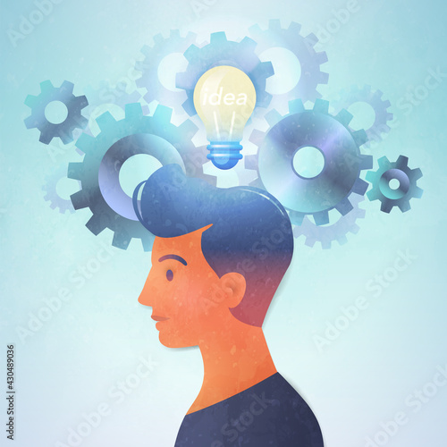Idea concept vector illustration with  glowing and elevating light bulb above man portrait over gears background