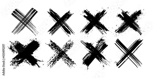X black mark collection. Eight very detailed and different crosses. Cross sign from brush strokes. Grunge set X. Hand drawn crossed brush strokes. Vector set 