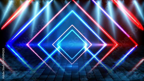 abstract futuristic background of blue neon square frame and lighting spotlgiht stage background
