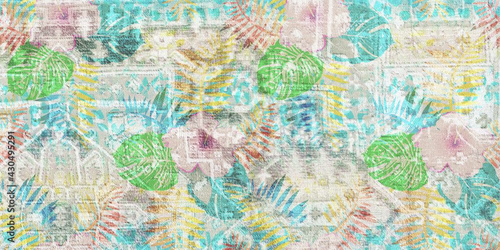 Digital tiles design. Digital fresco, wallpaper. 3D render ceramic wall tiles decoration. Abstract tropical palm monstera pattern with geometric and floral ornaments, Vintage tiles intricate details