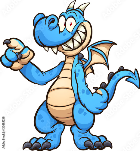 Blue dragon cartoon character standing up and pointing. Vector clip art illustration with simple gradients. All on a single layer. 
