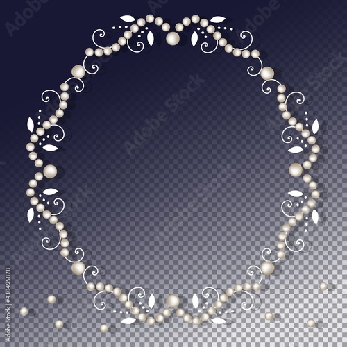 Pearl frame with decorative elements isolated on transparent background. Luxury vintage pearl border and corner for wedding, decoration, banners, cards or invitation. Vector illustration