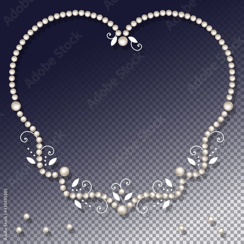 Heart shaped pearl frame with decorative elements isolated on transparent background. Luxury pearl necklace, border or corner for wedding, decoration, banners, cards or invitation. Vector illustration