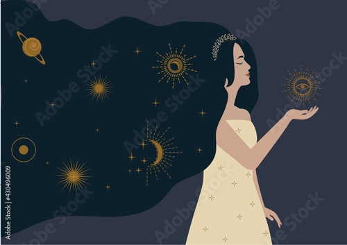 Mysterious woman Vector Space illustration with stars in hair