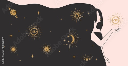 Celestial mystic woman character with stars and spiritual elements in hair. Trendy astrology flat vector illustration. Female witch or shaman woman. Astrology, magic, occultism design concept.