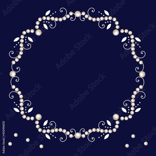 Vintage pearl frame vector illustration. Pearl frame with decorative elements isolated on blue background. Luxury pearl border and corner for wedding, decoration, banners, cards or invitation