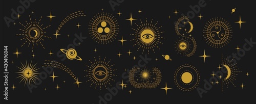 Esoteric doodle signs. Witchcraft design elements. Mystical moon, stars, eye, sun icons vector illustration. Spirituality, mysticism, magic, space, astrology linear icon set