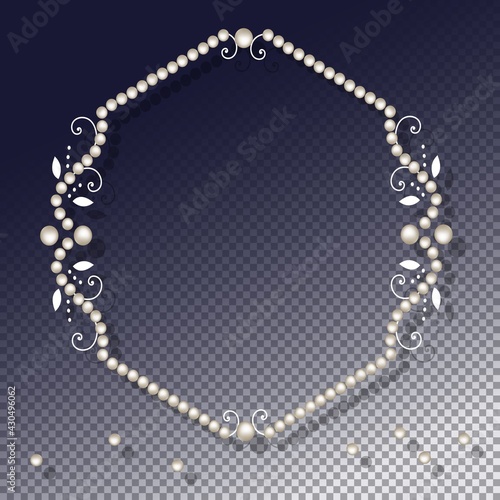 Pearl frame with decorative elements isolated on transparent background. Luxury pearl border and corner for wedding, decoration, banners, cards or invitation. Vector illustration