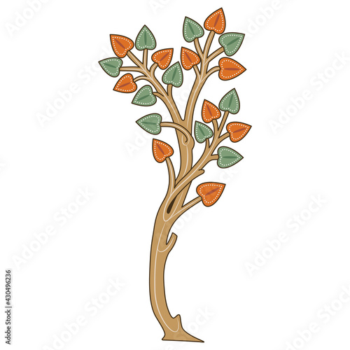 Stylized tree or branch with leaves. Medieval folk style. Isolated vector illustration.