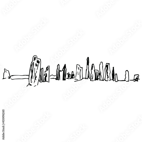 View of ancient Celtic ruins. Callanish Standing Stones in Britain. Hand drawn linear doodle sketch. Black silhouette on white background. Isolated vector illustration. 