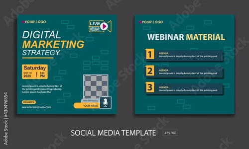 set live webinar social media template, with color green and yellow for online webinar, conference, training, seminar, course and learning video.