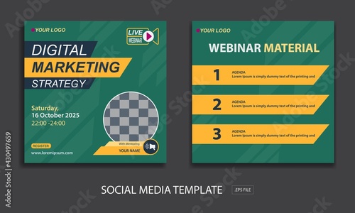 set live webinar social media template, with color  green and yellow for online webinar, conference, training, seminar, course and learning video.