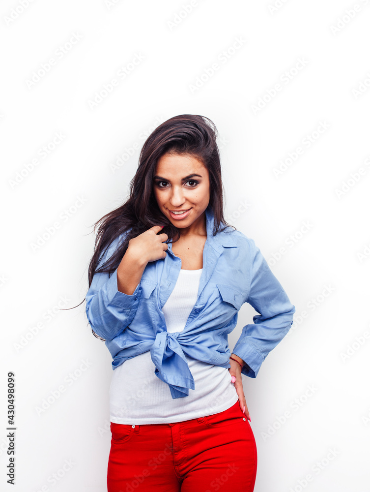young happy smiling latin american teenage girl emotional posing on white background, lifestyle people concept young happy smiling latin american teenage girl emotional posing on white background, lifestyle people concept