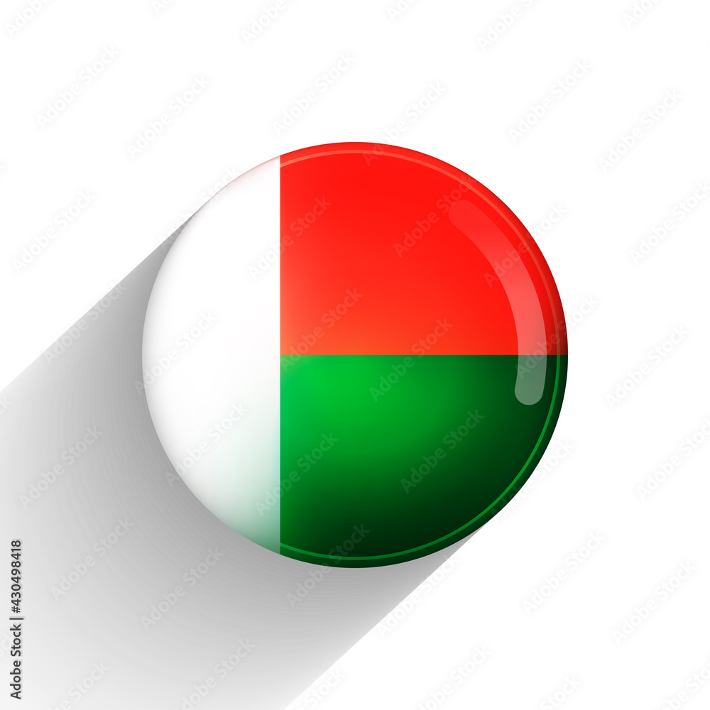 Glass light ball with flag of Madagascar. Round sphere, template icon. National symbol. Glossy realistic ball, 3D abstract vector illustration highlighted on a white background. Big bubble Glass light ball with flag of Madagascar. Round sphere, template icon. National symbol. Glossy realistic ball, 3D abstract vector illustration highlighted on a white background. Big bubble