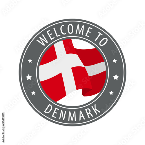 Welcome to Denmark. Gray stamp with a waving country flag.