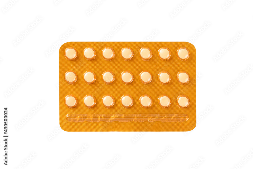 Female oral contraceptive pills blister  isolated on white background. - obrazy, fototapety, plakaty 