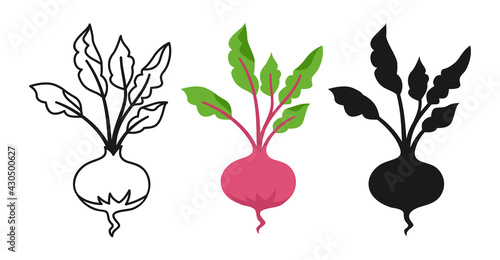 Vegetable beet cartoon set, line icon, black glyph style. Beetroot organic food. Rural red healthy vegetable collection. Hand drawn garden agriculture concepts vector illustration