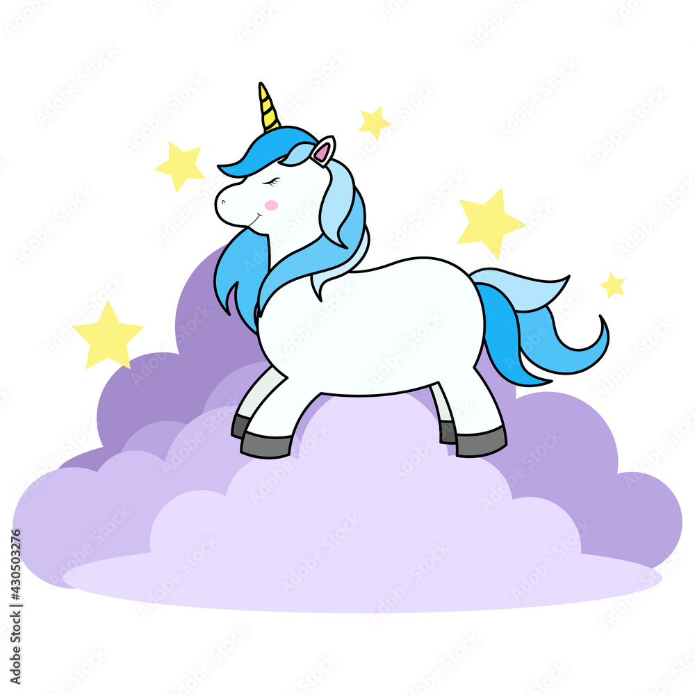 Naklejka premium Cute Cartoon Unicorn on Cloud and Rainbow For Print T-shirt or Sticker, Wallpaper Background and Hand Drawing Illustration For Children