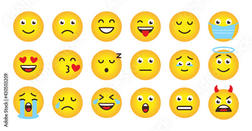 Funny emoji face of yellow gradient icons set. Different type cartoon emoticon smile. Mood or facial emotion symbol for apps. Face love, joyful or in maske, sad, angry. Isolated vector illustration