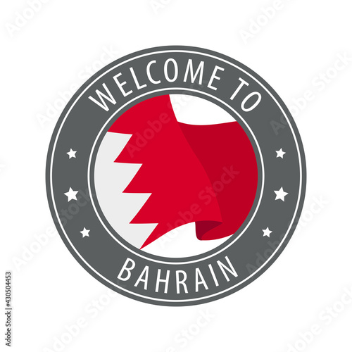 Welcome to Bahrain. Gray stamp with a waving country flag.